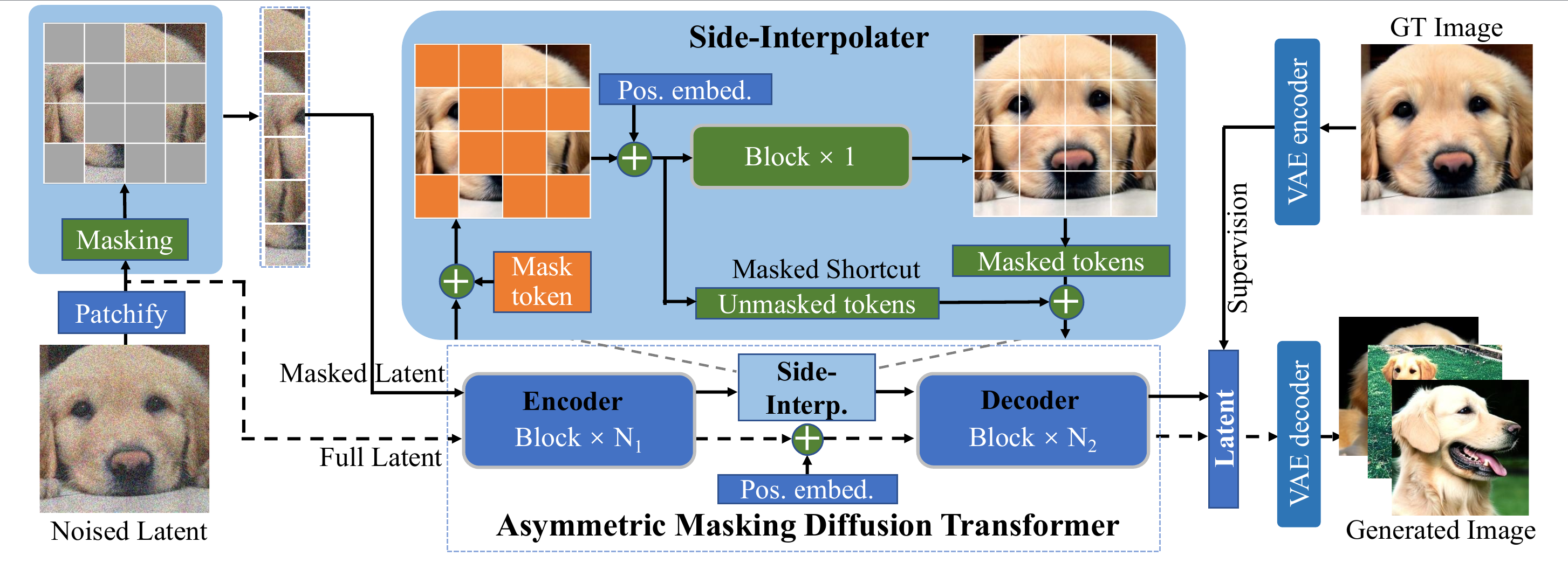 MDT的整体框架。实线/虚线表示每个时间步骤的训练/推理过程。掩蔽和侧插值器仅在训练期间使用，并在推理期间被删除